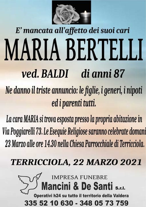Necrologio Funebre Maria Bertelli, vedova Baldi. Funerale Terricciola. Chiesa Parrocchiale di Terricciola