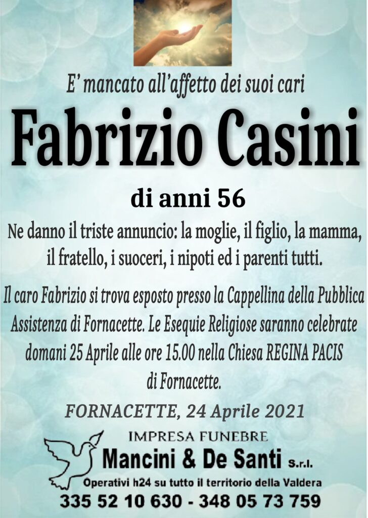 Necrologio Fabrizio Casini - Funerale Fornacette - Impresa funebre Fornacette - Banca di Pisa Fornacette