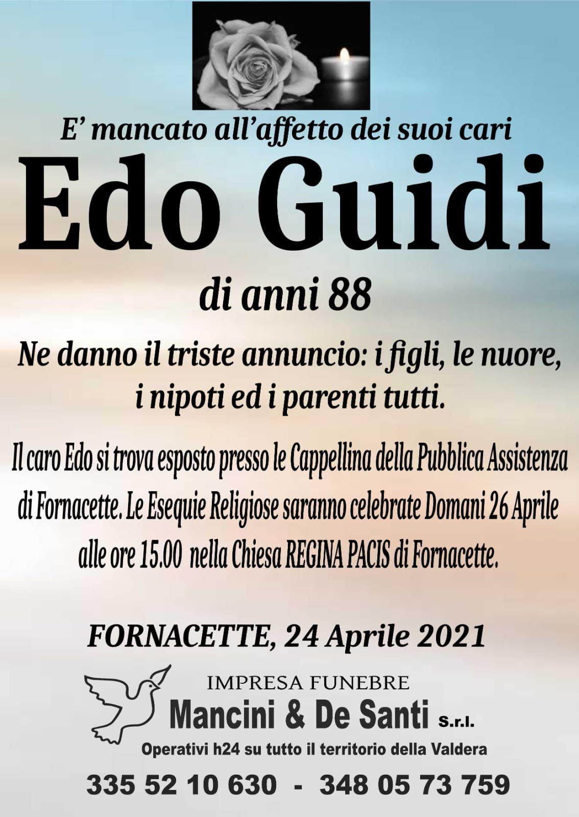necrologio Edo Guidi - Funerale Fornacette - impresa funebre di Calcinaia - Onoranze funebri di Fornacette - Regina Pacis - 26 aprile 2021