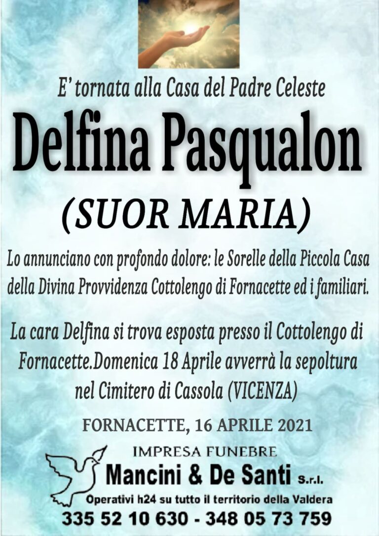necrologio Suor Delfina Pasqualon - funerale Calcinaia - servizi funebri Fornacette - Onoranze Funebri Mancini & De Santi