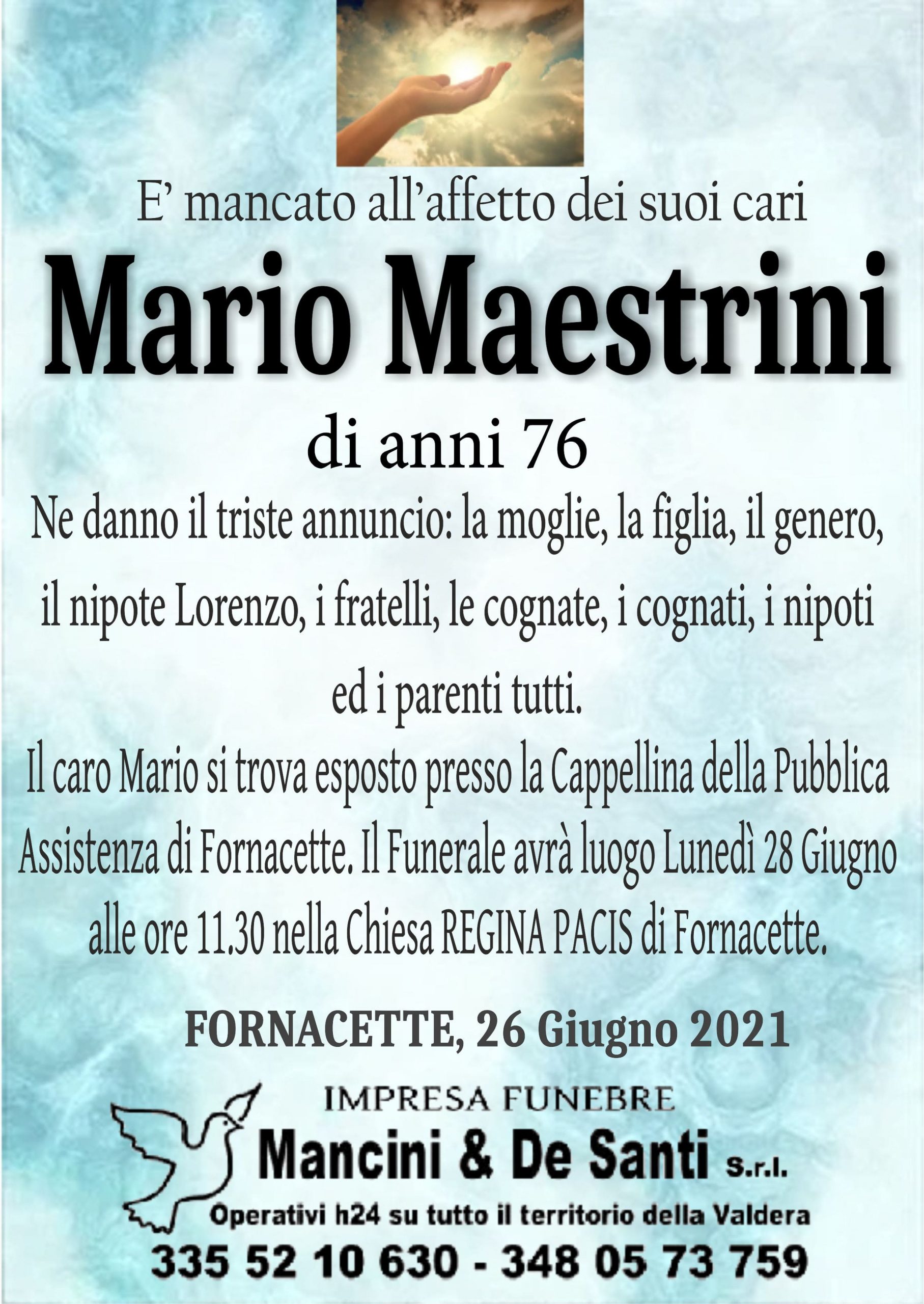 Avviso di Morte Maestrini Mario, di anni 76 - Calcinaia, Fornacette, Palaia - Onoranze Funebri Mancini