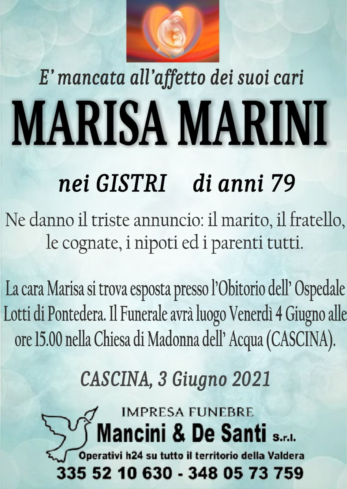 Cascina - Marisa Marini - nei Gistri -Necrologio Cascina - Servizio Funebre Cascina - Onoranze funebri Cascina - Impresa Funebre Mancini