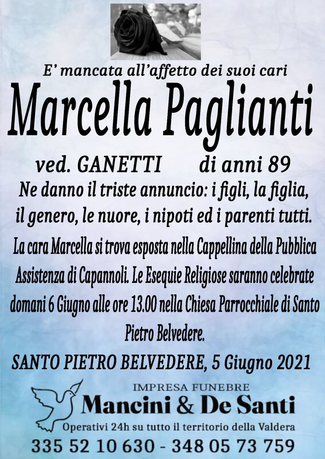 Necrologio Marcella Paglianti - Vedova Ganetti -Santo Pietro Belvedere