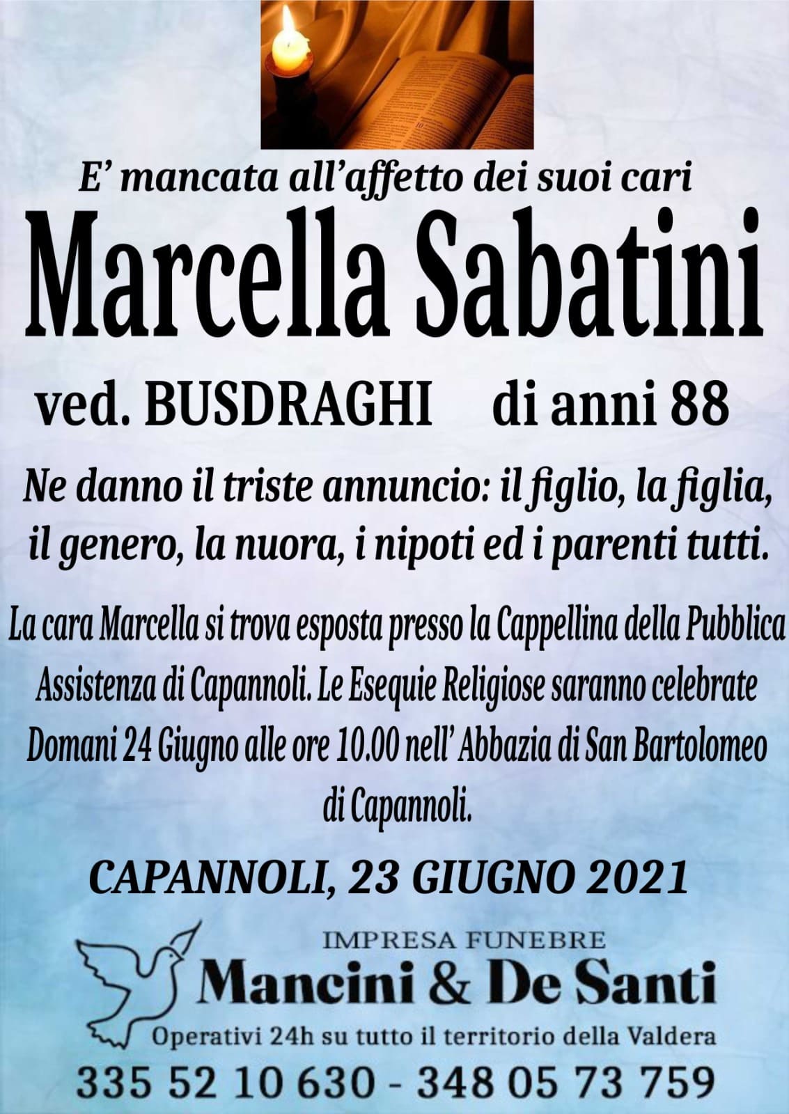 Marcella Sabatini - Vedova Busdraghi - di anni 88 - Avviso di morte- Funerale Capannoli