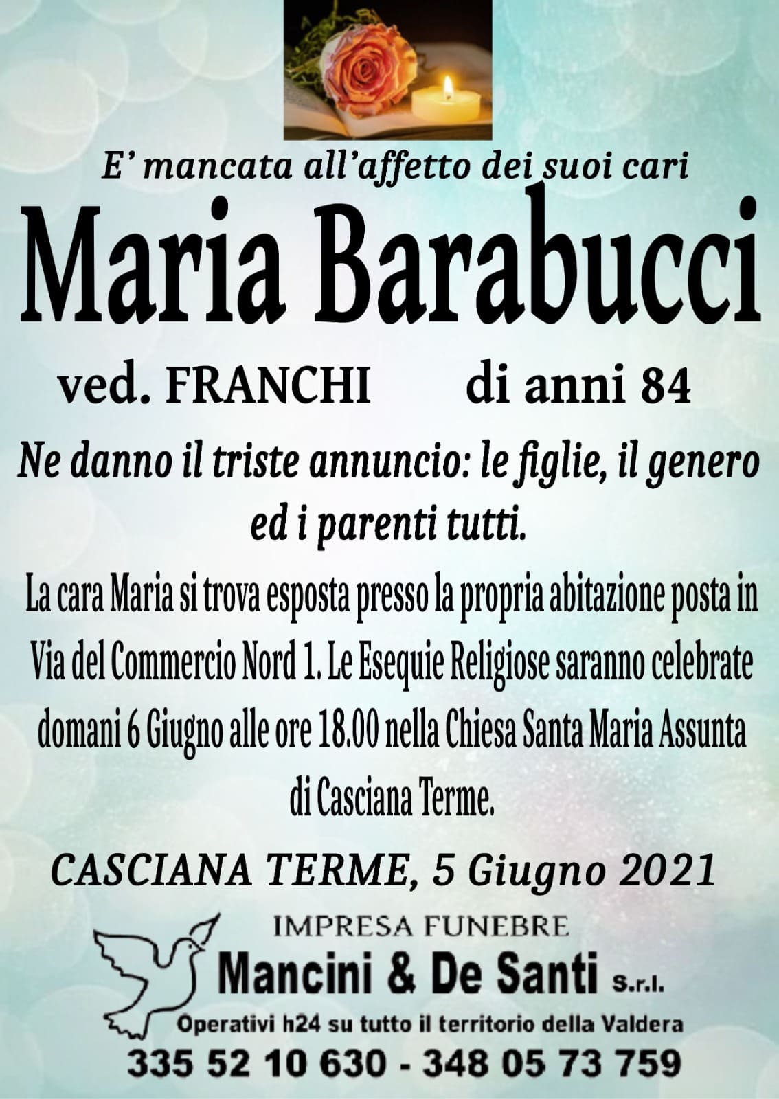 Necrologio Maria Barabucci - Vedova Franchi - Avviso di morte Casciana Terme Lari - Chiesa Parrocchiale Santa Maria Assunta Casciana Terme