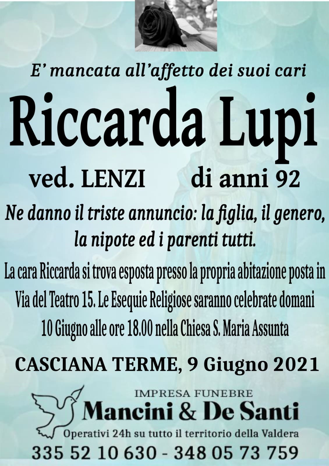 Riccarda Lupi di anni 92 - avviso di morte Casciana Terme - Lari - Perignano - Vedova Lenzi - Onoranze Funebri Casciana Terme