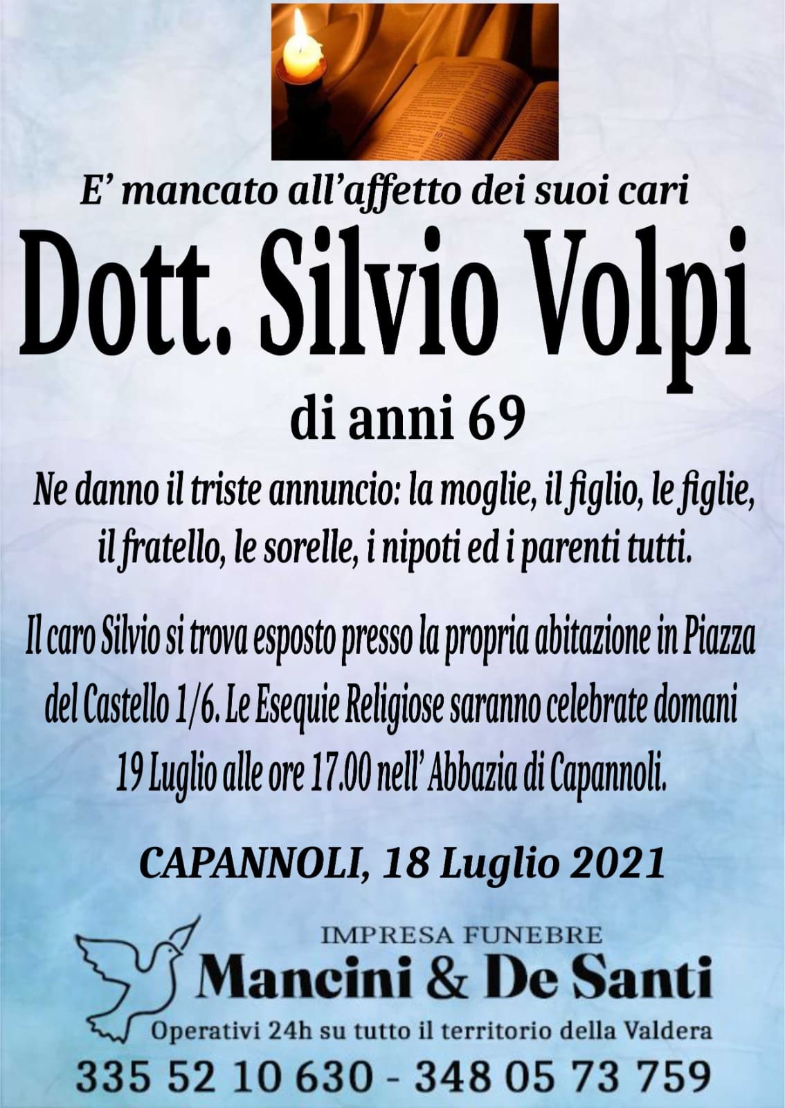 Necrologio dott. Silvio Volpi - Funerale a Capannoli - 19 luglio ore 17.00 - Abbazia di Capannoli