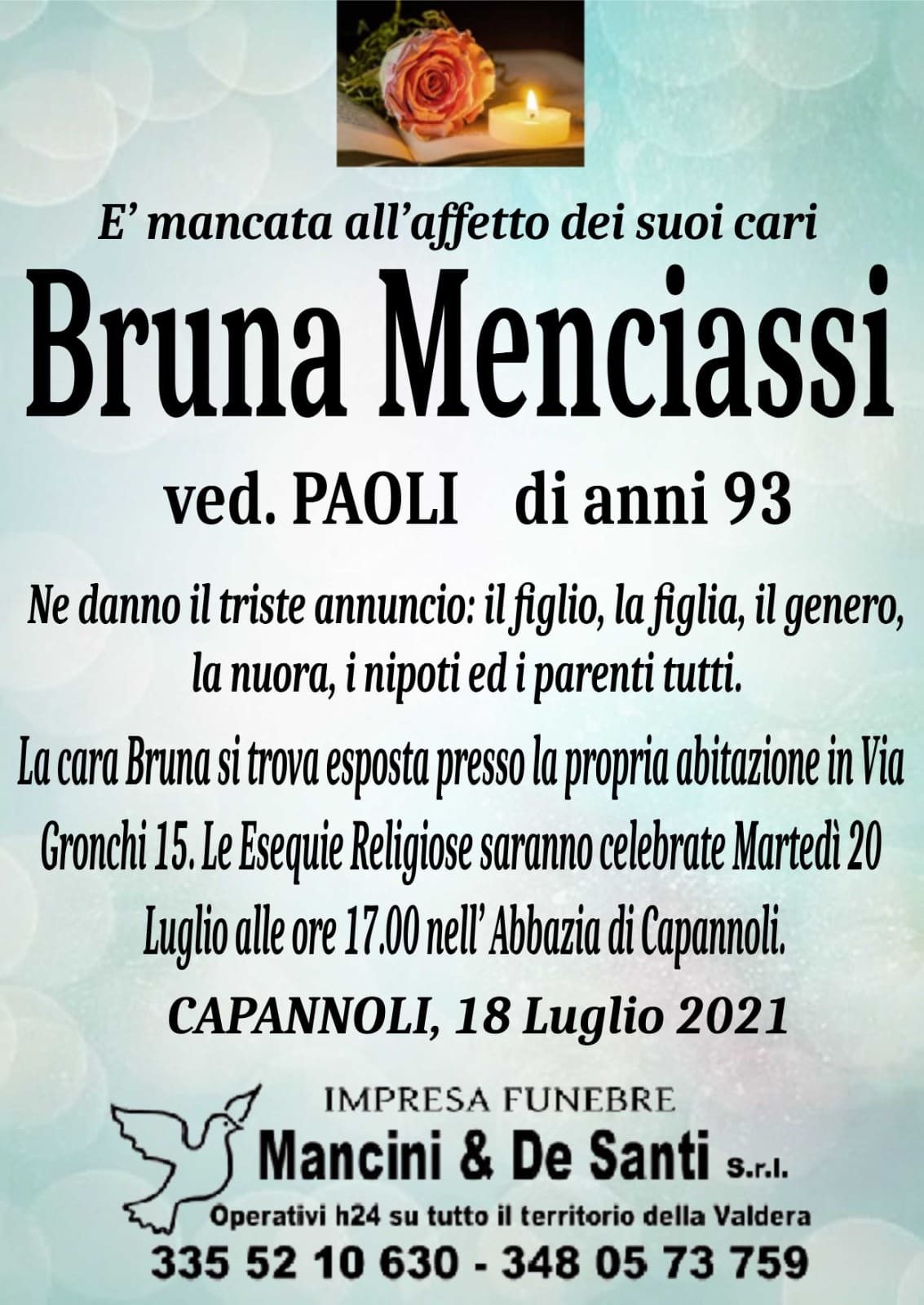 necrologio Bruna Menciassi - vedova Paoli - funerale Capannoli - martedì 20 luglio - ore 17.00 - Abbazia Capannoli
