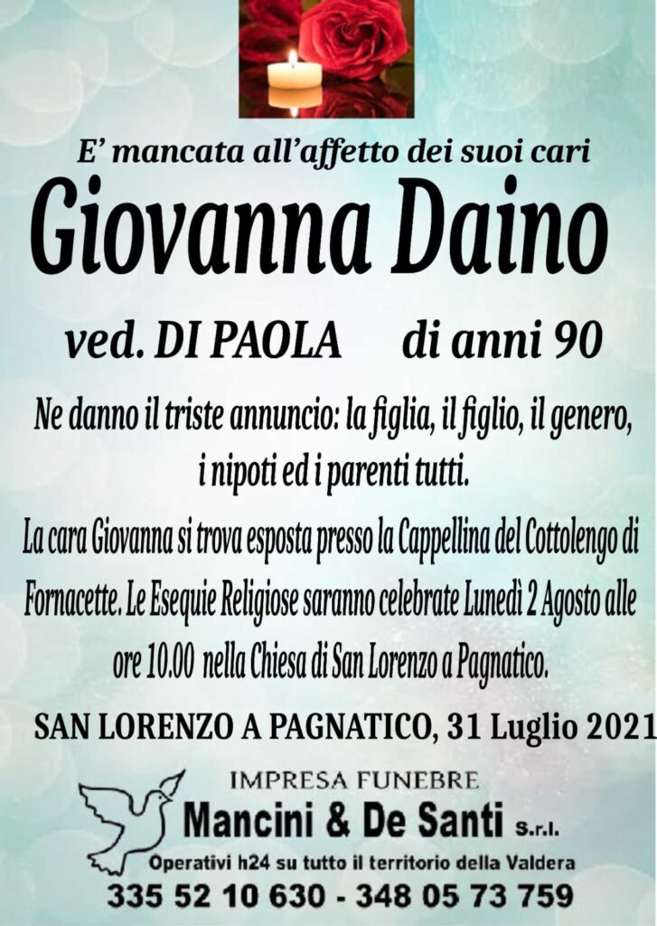 necrologio Giovanna Daino - funerale san lorenzo a pagnatico - luned+¼ 2 agosto - cascina