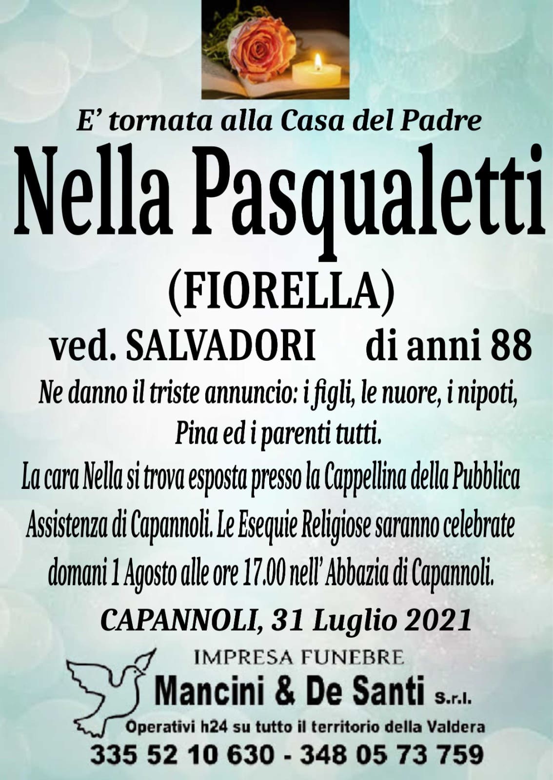 necrologio nella pasqualetti - funerale capannoli - domenica 1 agosto