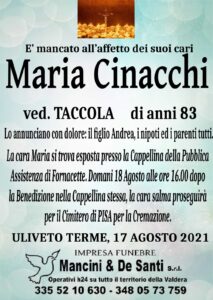 Necrologio Maria Cinacchi Uliveto Terme