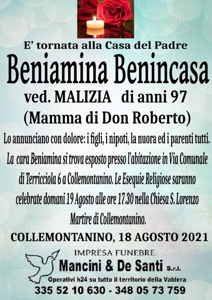 necrologio Beniamina Benincasa Collemontanino