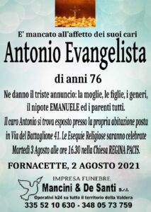necrologio fornacette - funerali calcinaia - antonio evangelista - chiesa regina pacisa - martedì 3 agosto - ore 16.30
