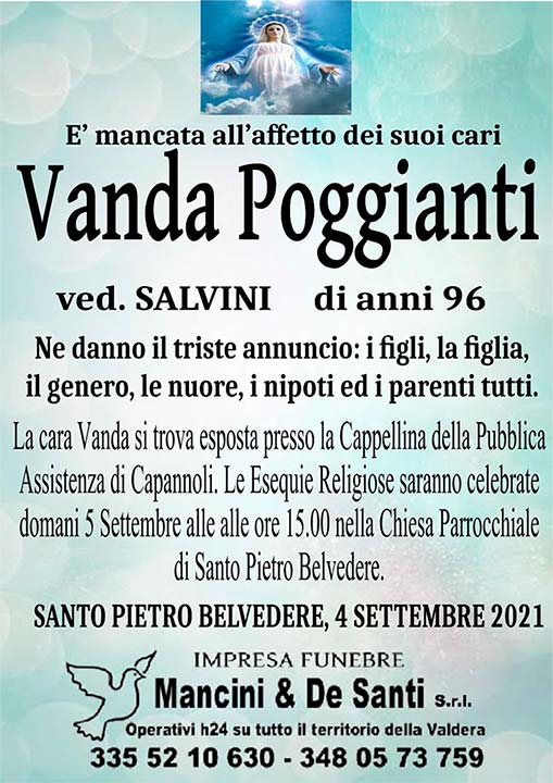 Necrologio Vanda Poggianti - vedova Salvini - Capannoli - Santo Pietro Belvedere - 4 settembre 21