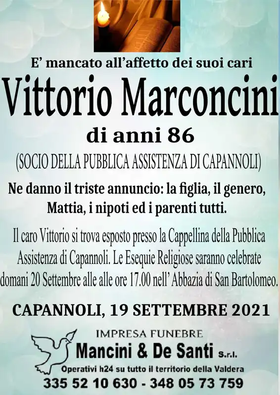 Necrologio Vittorio Marconcini di anni 86 funerali lunedi 20 settembre ore 17.00 Capannoli Pisa • 1