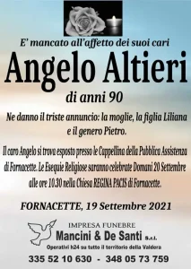 necrologio Angelo Altieri di anni 90 funerali lunedi 20 settembre ore 10.30 Fornacette Pisa