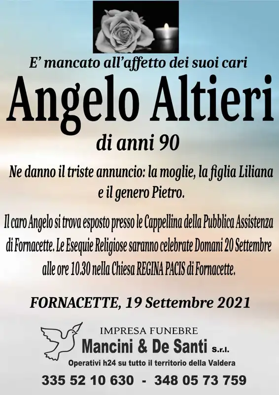 necrologio Angelo Altieri di anni 90 funerali lunedi 20 settembre ore 10.30 Fornacette Pisa • 1