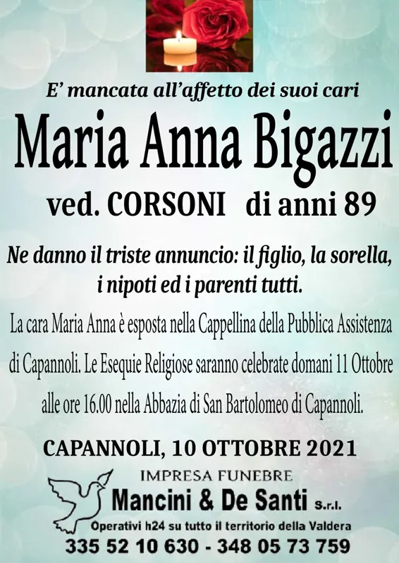 Necrologio Maria Anna Bigazzi