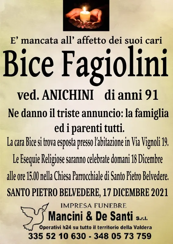 Bice Fagiolini Funerali Santo Pietro Belvedere Capannoli Onoranze Funebri Mancini De Santi