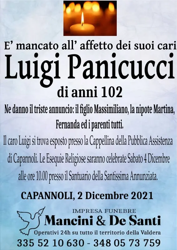 Luigi Panicucci Necrologio Capannoli Onoranze Funebri Mancini De Santi • 1